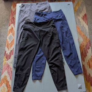Set of 3 High Waisted Athletic Leggings with Pockets - Black, Navy, Gray XL